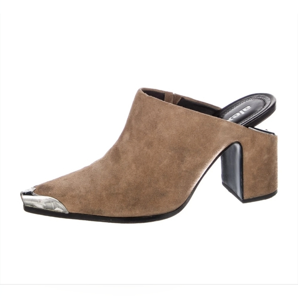 Alexander Wang Su Calf Taupe Suede Pointed Toe Mule with Silver Cap Heel Size 36 - Picture 1 of 8